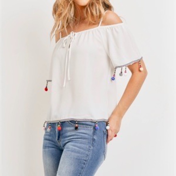 Have Brand White Pom Pom Off The Shoulder Blouse LARGE - Picture 1 of 10